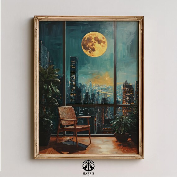 Full Moon Over Night City Skyline From Window Armchair Painting Poster