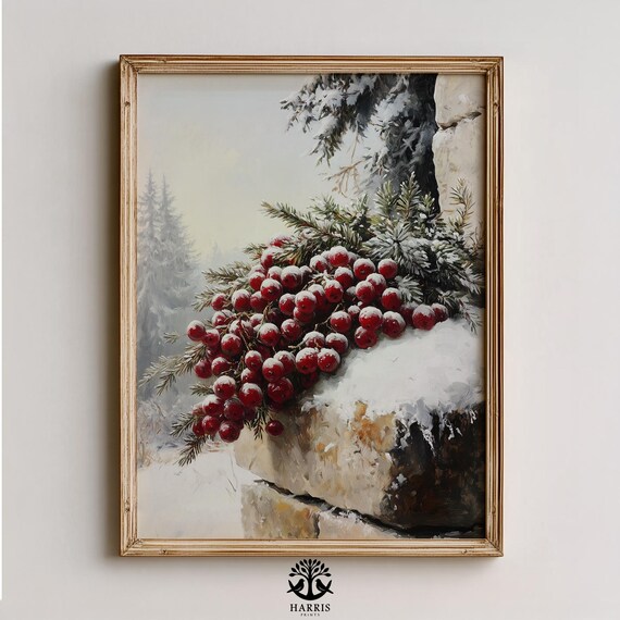 Snow Covered Red Berries on Stone Wall Winter Holiday Painting Poster