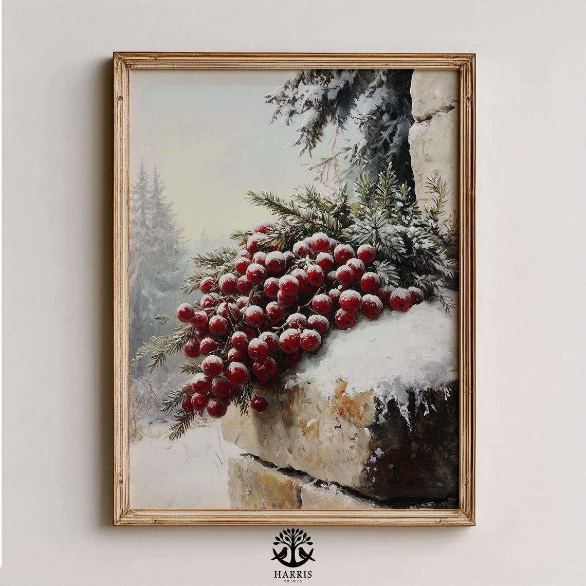 Snow Covered Red Berries on Stone Wall Winter Holiday Painting Poster