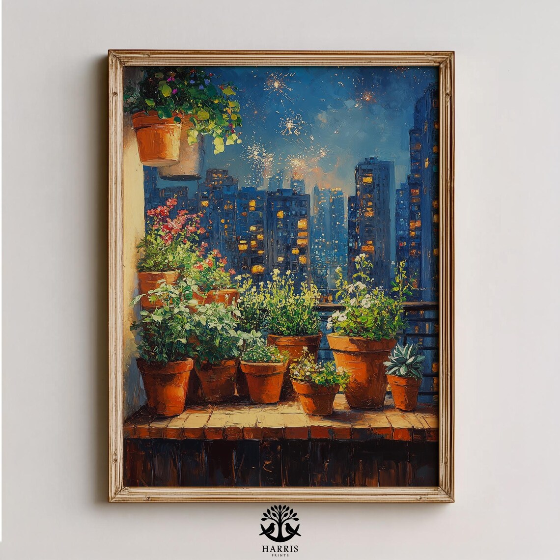 Night Balcony Garden Fireworks Over City Skyline Oil Painting Print