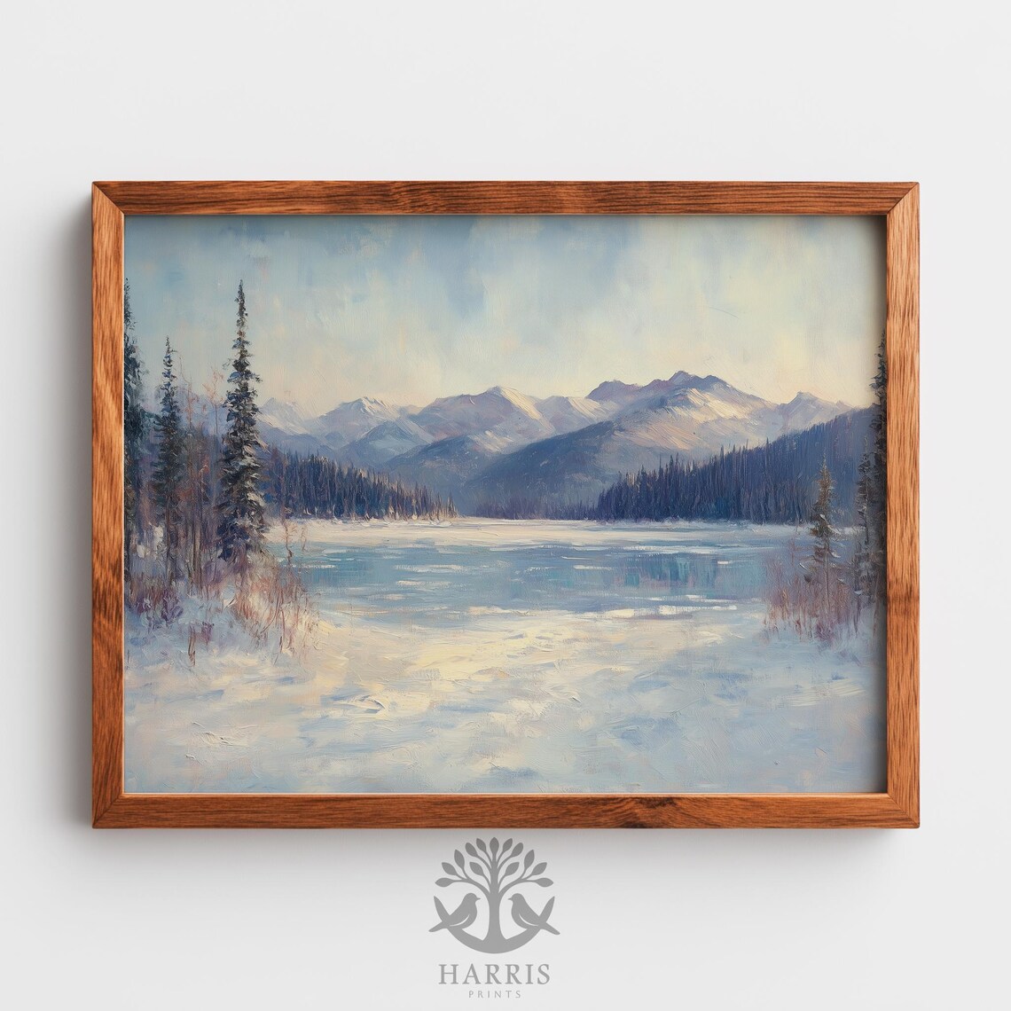 Frozen River Snowy Mountain Winter Landscape Painting Art Poster