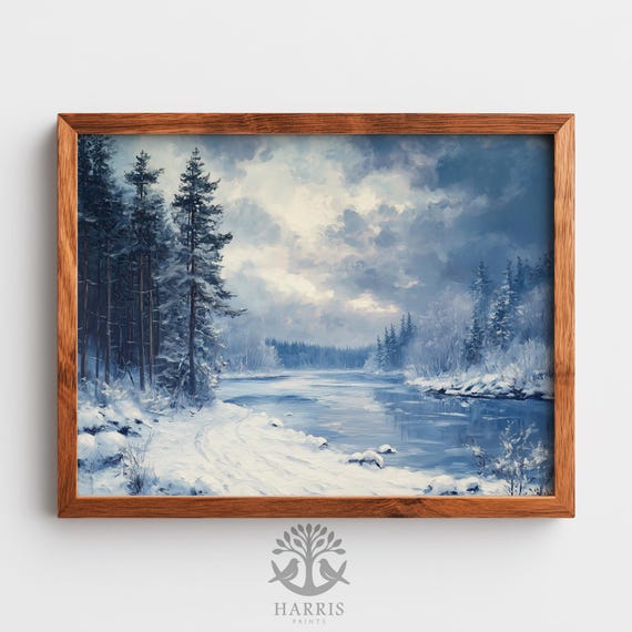 Moody Winter Lake In Frozen Forest Vintage Snowy Landscape Art Rustic Tranquility Scene Wall Decor 523