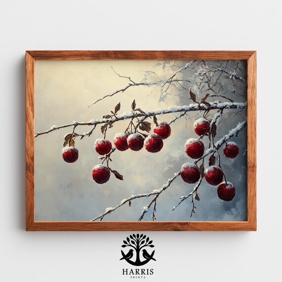 Winter Crabapples Painting Moody Rustic Botanical Art Frosty Fruit On Branches Cozy Seasonal Decor 431