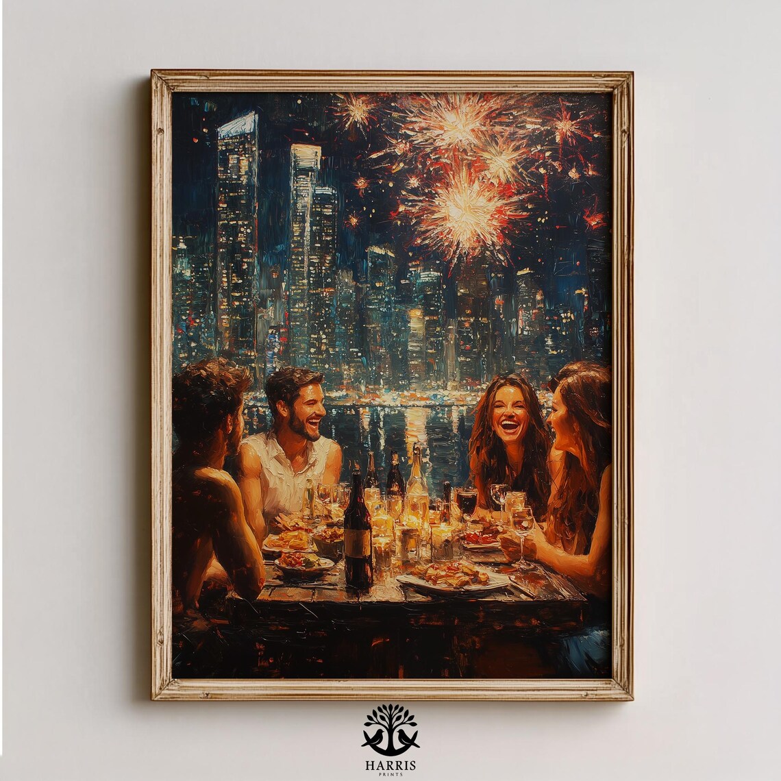Festive Rooftop Dinner Scene Cozy Urban Evening Moody Cityscape Impressionistic Art Celebratory Night 391