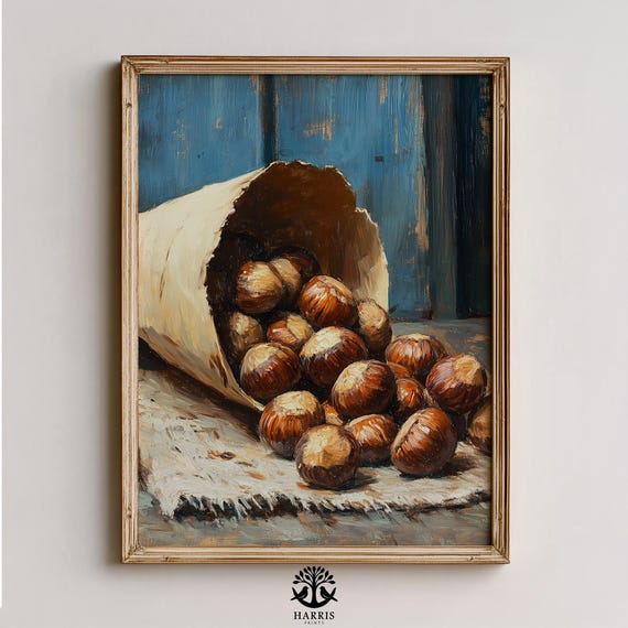 Rustic Roasted Chestnuts Still Life Realistic Autumn Wall Art Farmhouse Vintage Decor Cozy Painting 362
