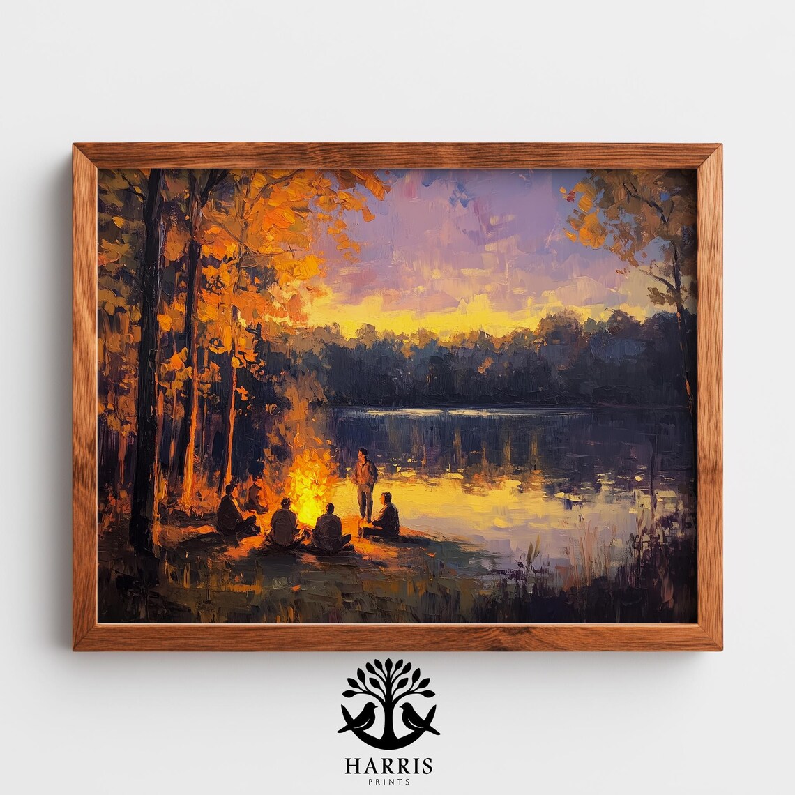 Lakeside Campfire Friends Gathering Autumn Dusk Moody Painting Wall Art
