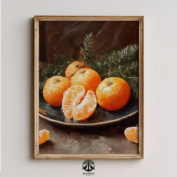 Rustic Stilllife Painting Of Clementines Evergreens Vintagestyle Winter Wall Art Moody Festive Decor 359