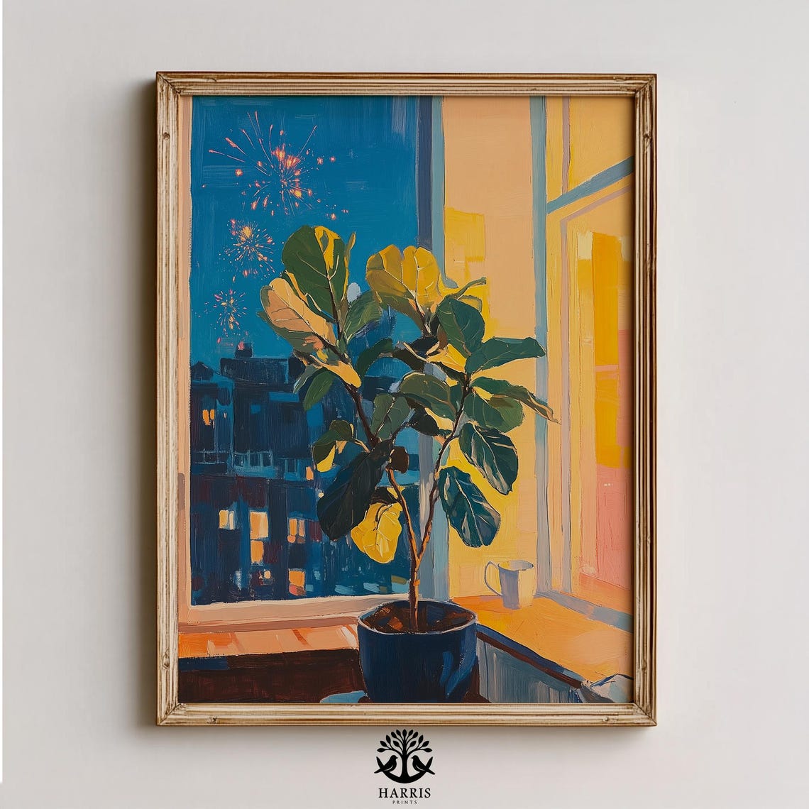 Fiddle Leaf Fig Night Window Fireworks Warm Cozy Botanical Art Print