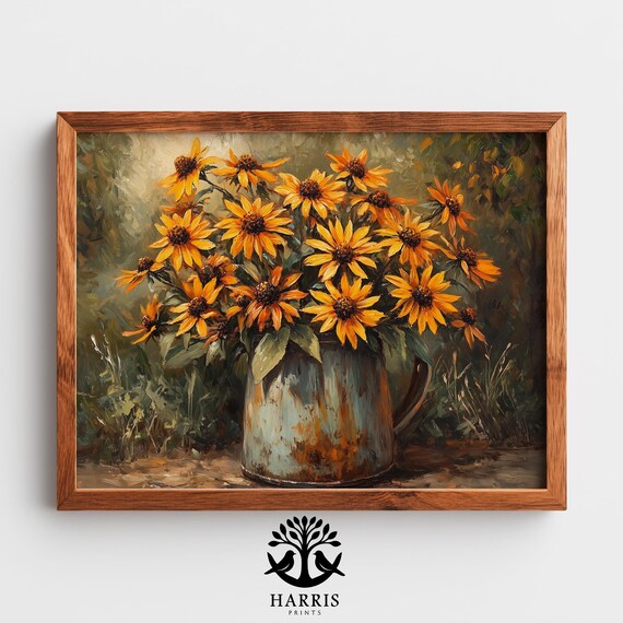 Rustic Bouquet Of Echinacea And Blackeyed Susans Vintage Floral Still Life Autumn Country Decor Botanical Wall Art 277