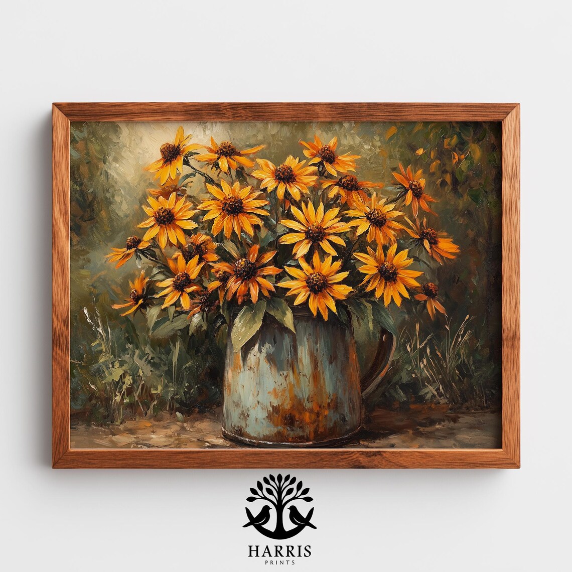 Rustic Sunflower Bouquet Vintage Metal Jug Oil Painting Wall Art