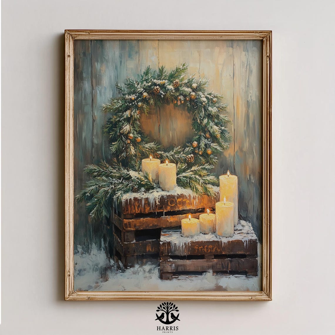 Snowy Evergreen Wreath With Glowing Candles Rustic Winter Poster