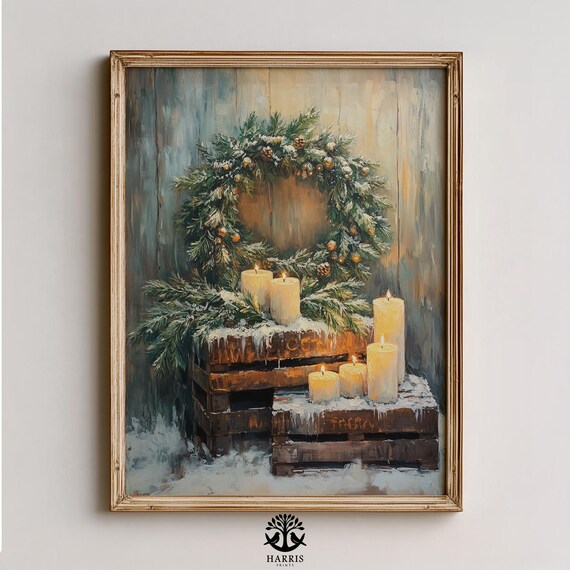 Snowy Evergreen Wreath With Glowing Candles Rustic Winter Poster