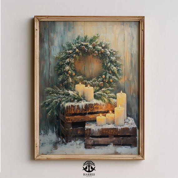 Winter Rustic Evergreen Wreath Painting Moody Festive Wall Art Snowcovered Farmhouse Decor Cozy Holiday 332