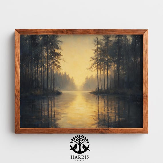Moody Forest Lake At Sunrise Painting Tranquil Reflections Rustic Cabin Wall Art Misty Morning Landscape 371