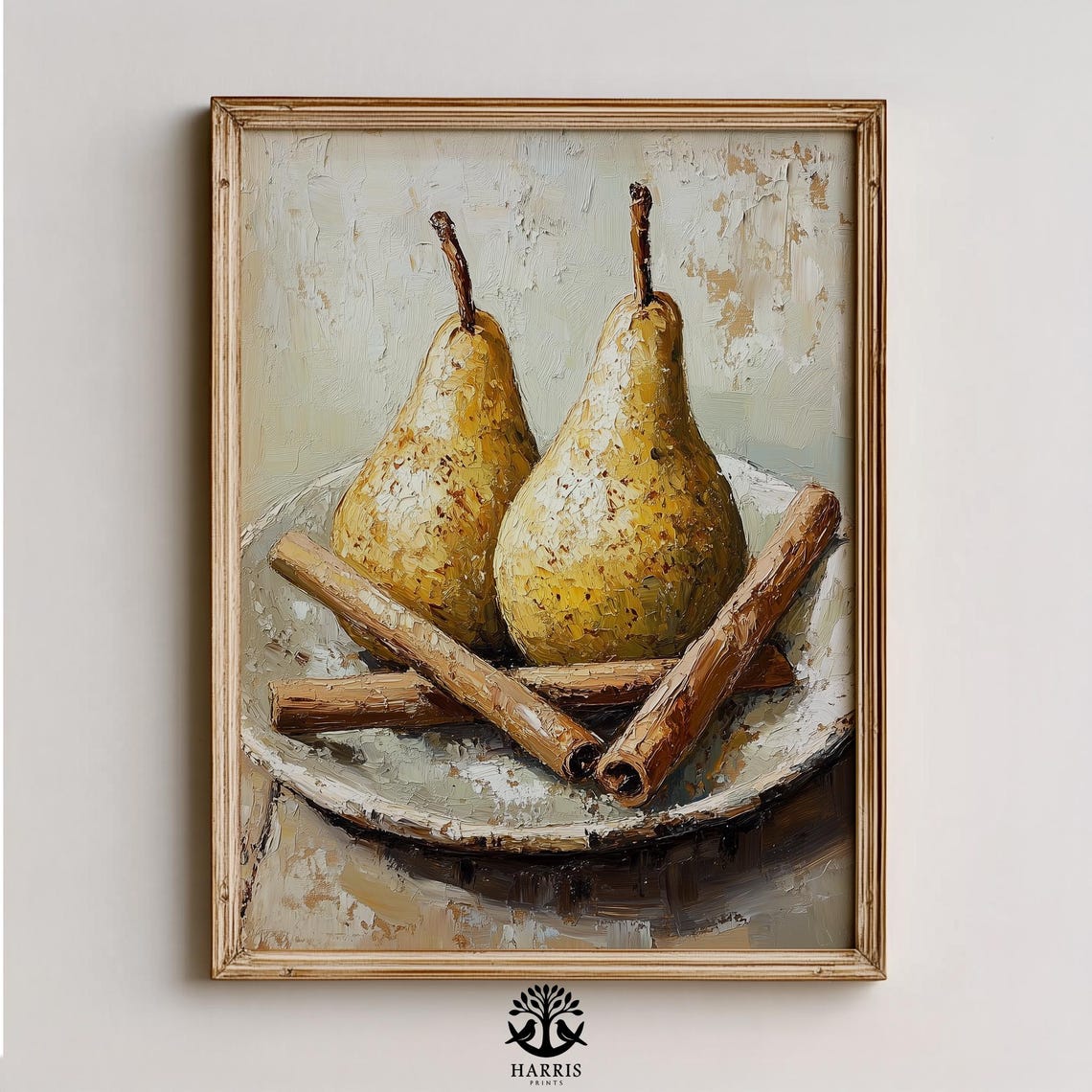 Golden Pears With Cinnamon Sticks Rustic Plate Oil Painting Poster