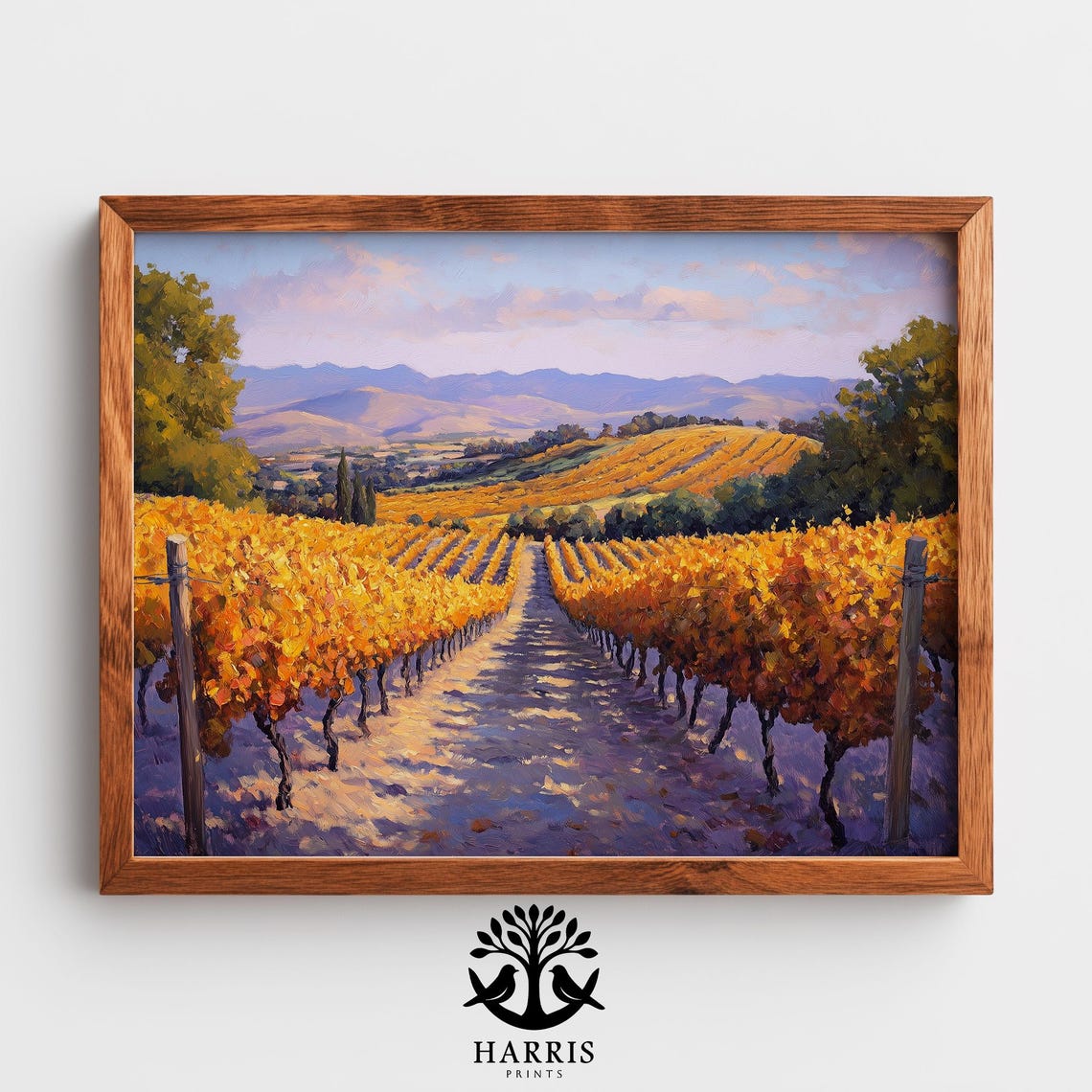 Golden Autumn Vineyard Painting Sunlit Rows Rolling Hills Wall Art