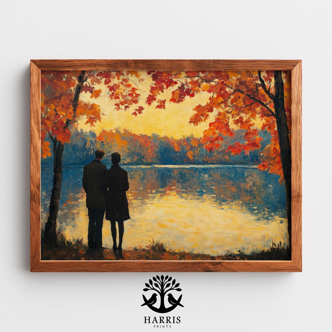 Autumn Couple By Lake Sunset Silhouette Rustic Fall Painting Wall Art