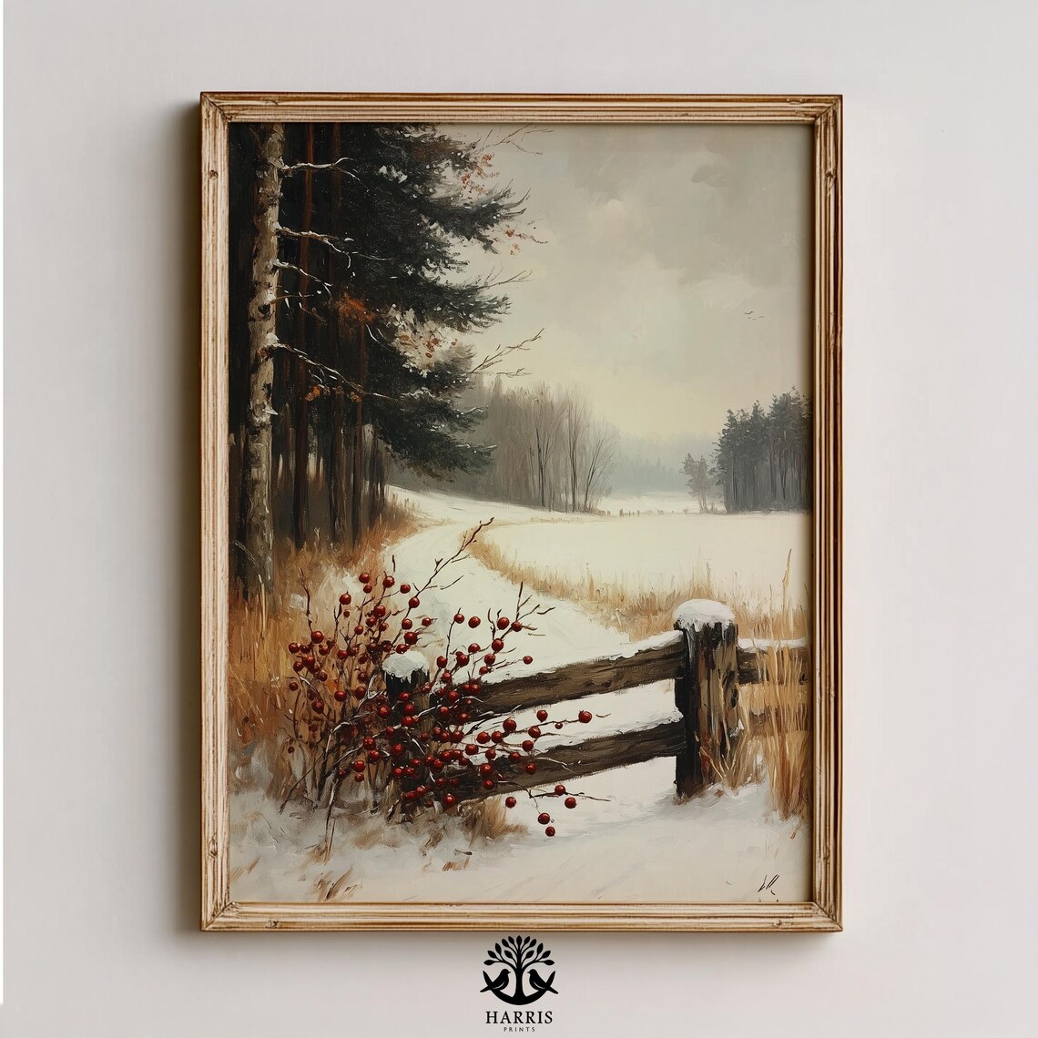 Moody Winter Lane Rustic Snowy Fence Red Berries Vintage Art Poster