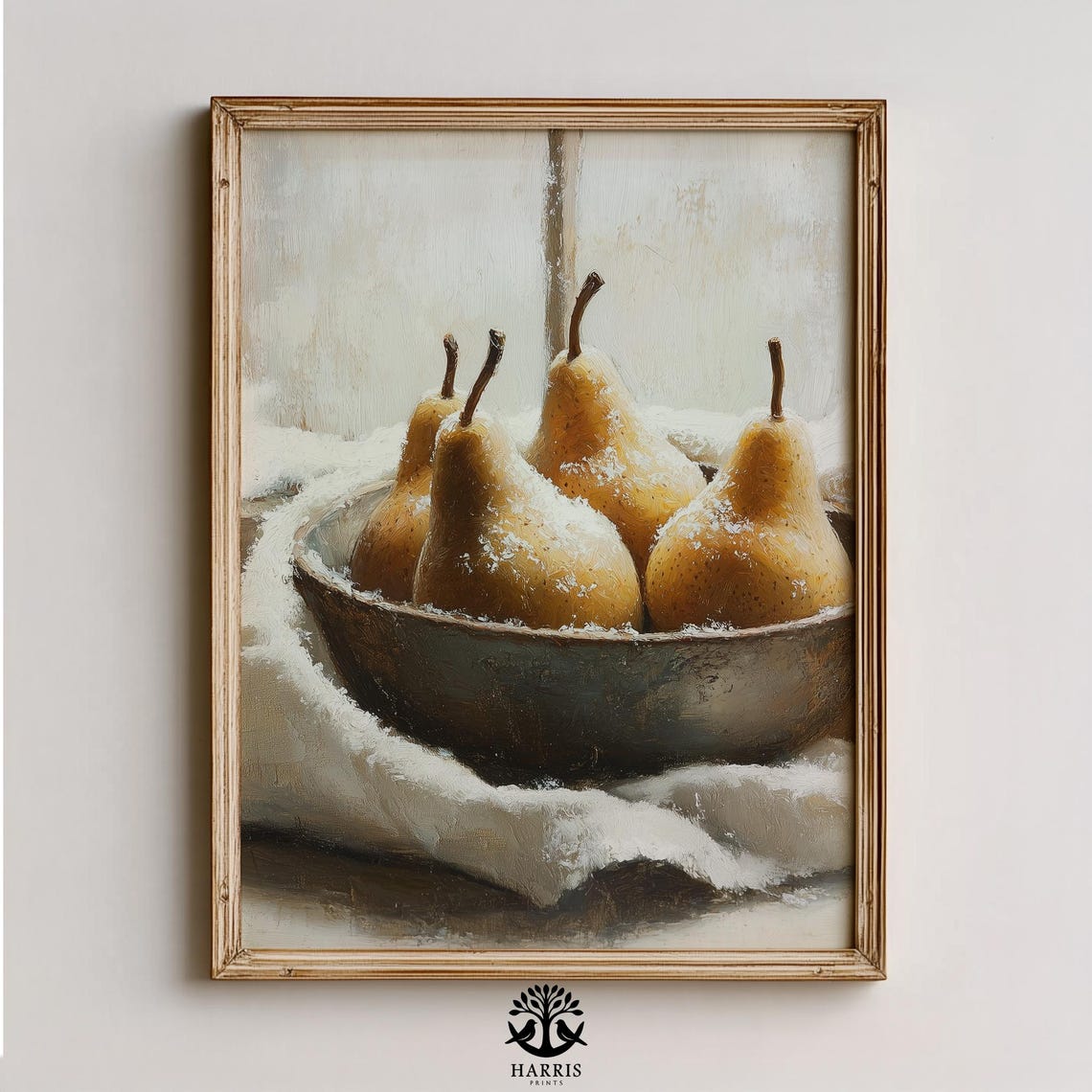 Frosted Pears Winter Bowl Sunlit Still Life Rustic Kitchen Art Poster