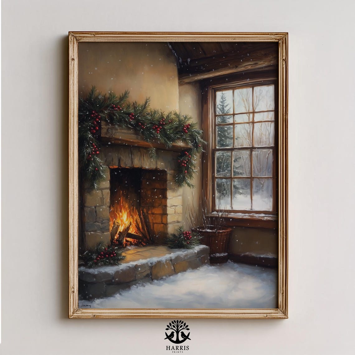 Rustic Winter Cabin Stone Fireplace Garland Snowy Window Art Poster