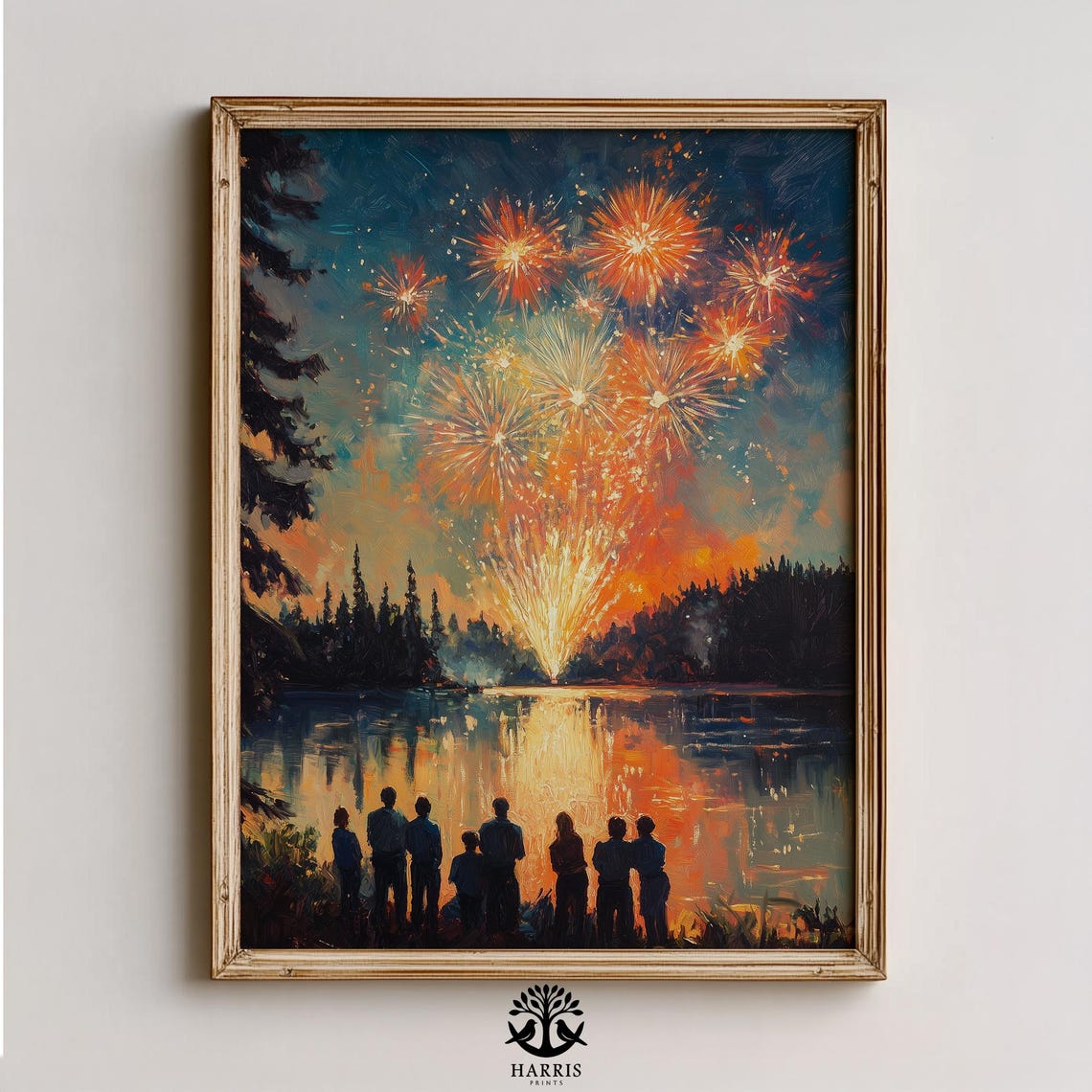 Lakeside Fireworks Celebration Summer Night Reflection Scene Print