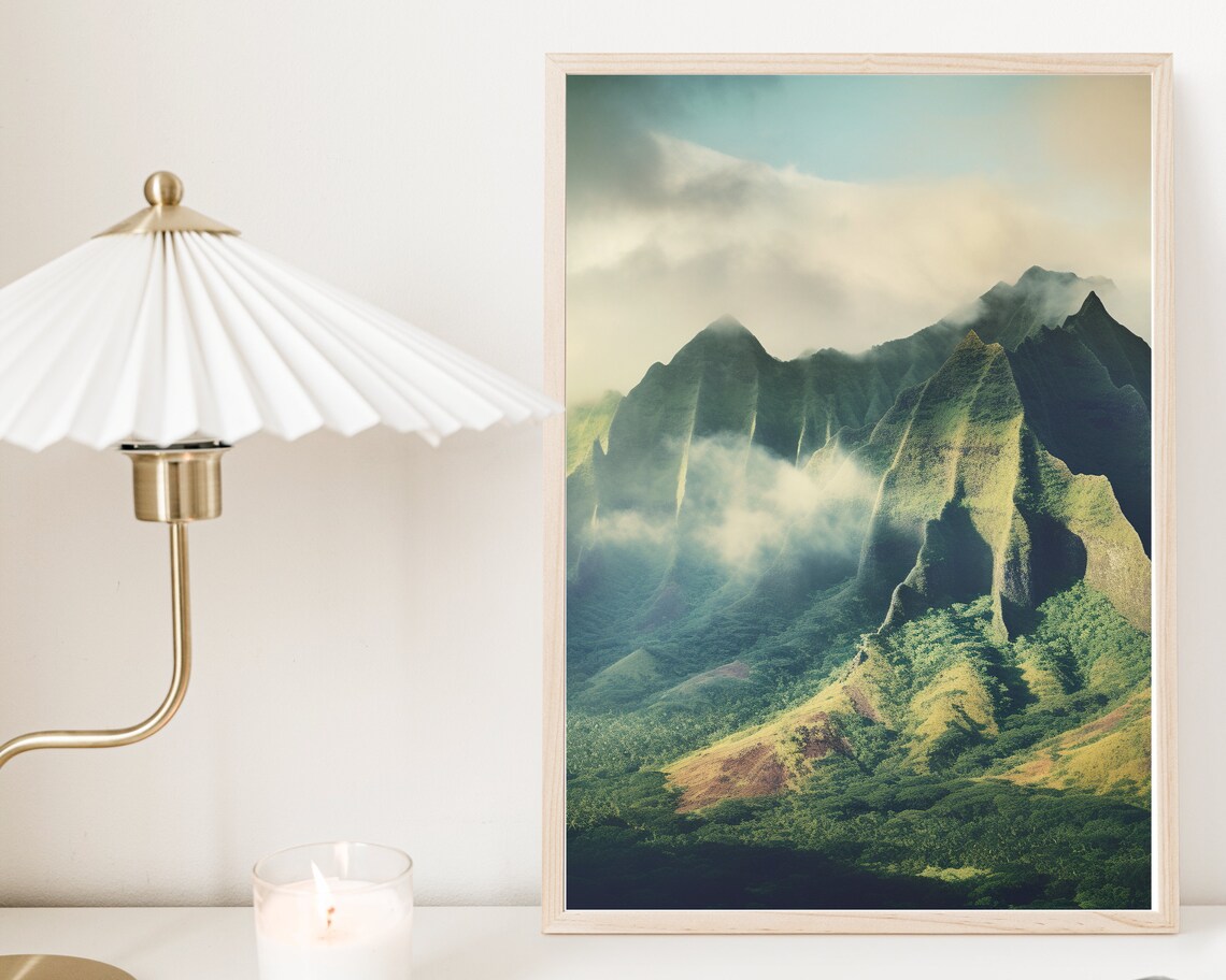 Hawaii Green Mountain Peaks Misty Cloud Fine Art Photography Poster - Image 2