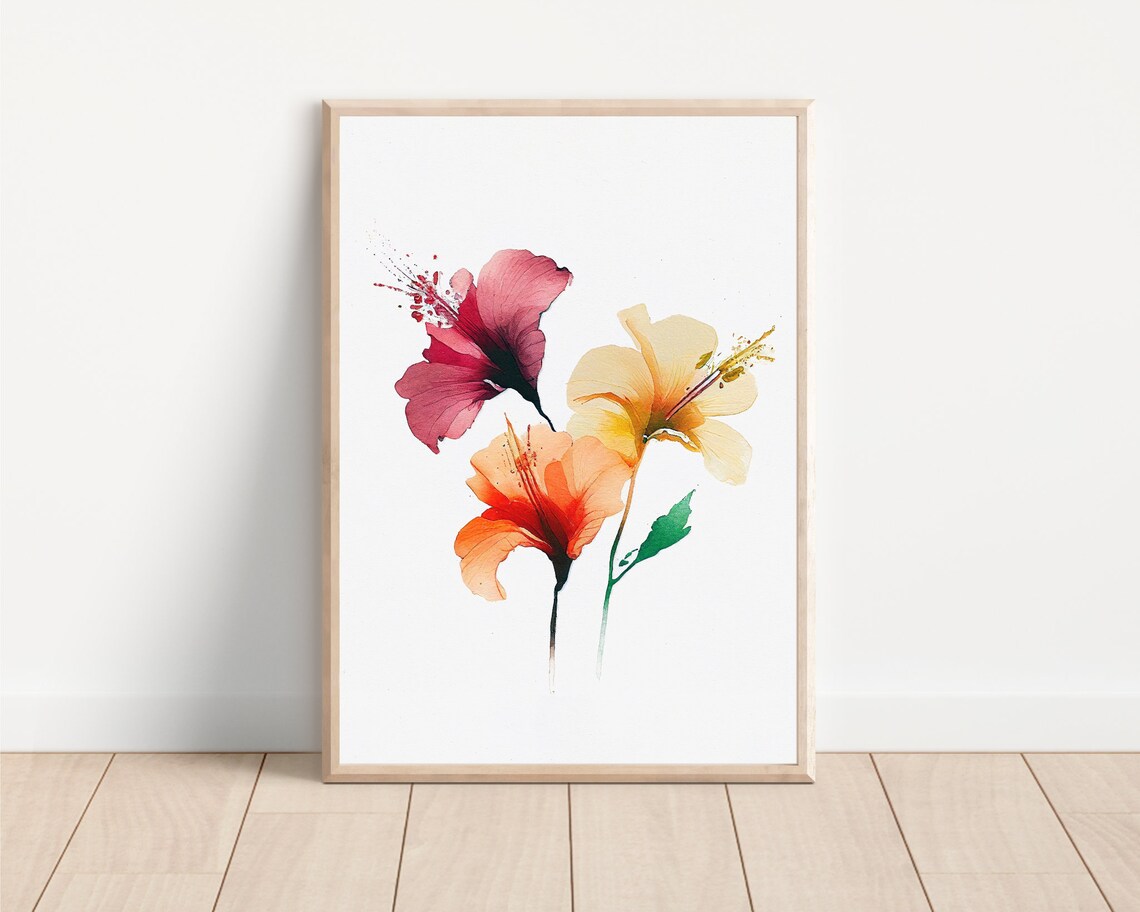 Hibiscus Watercolor Trio Pink Yellow Orange Blooms Minimalist Wall Art