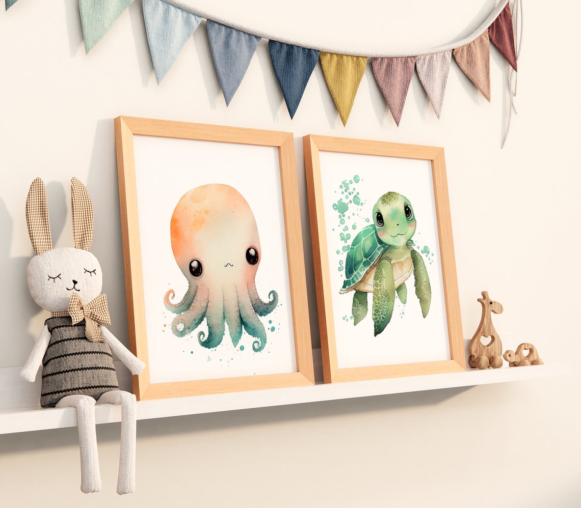 Watercolor Nursery Kawaii Octopus Cute Nursery Animal Art Baby Animal Nursery Painting Art For Babies Gifts For Newborns - Image 4