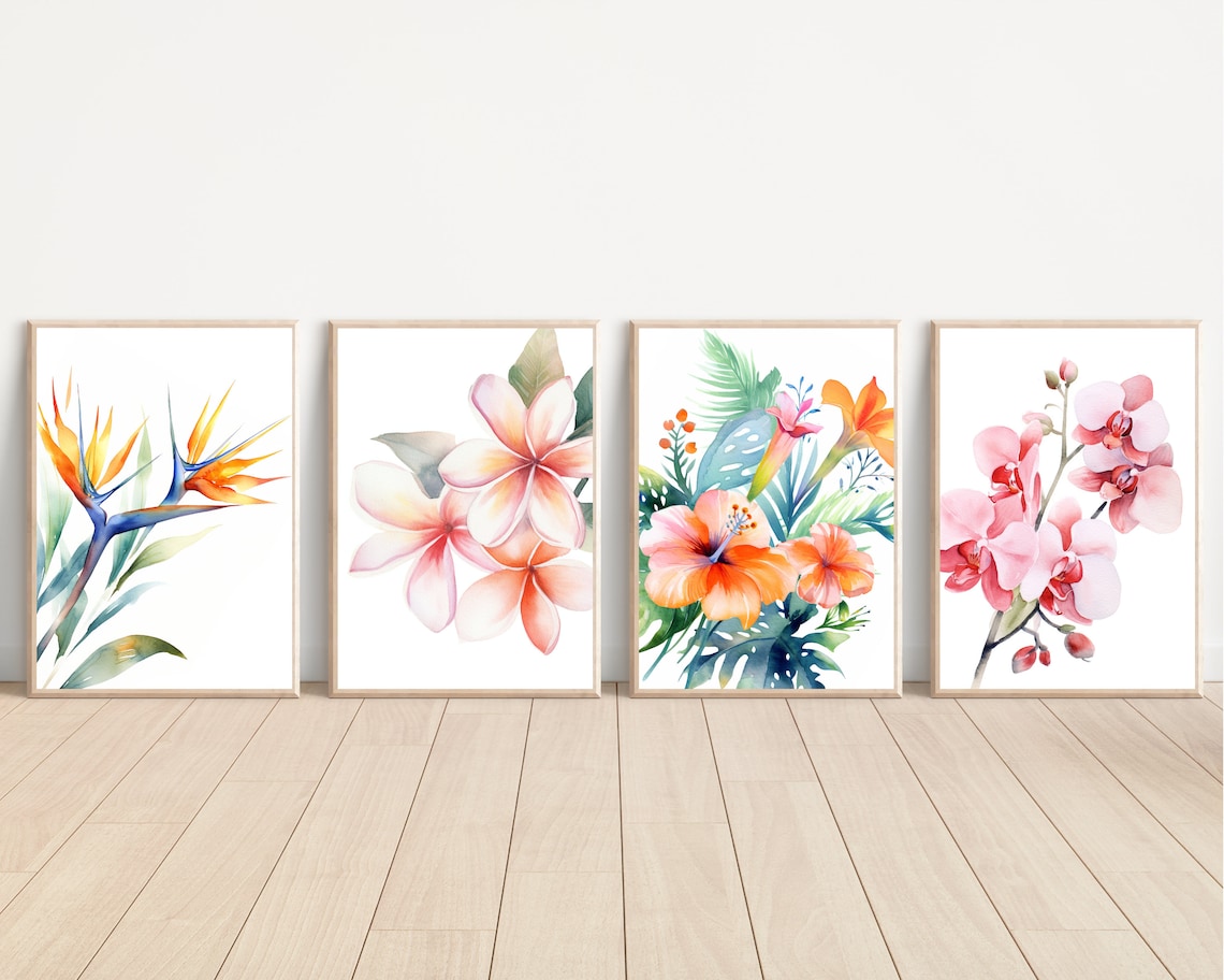 Tropical Hawaiian Hibiscus Flower Bouquet Watercolor Wall Art Poster - Image 3
