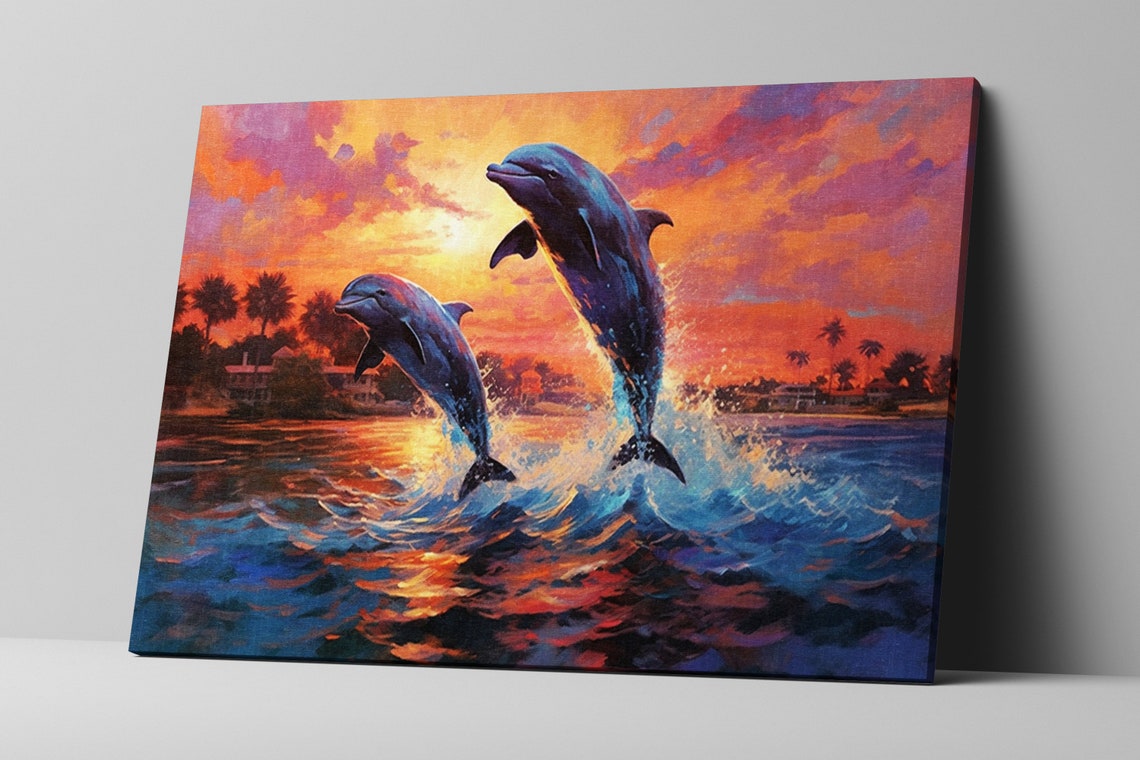 Playful Two Dolphins Leaping Sunset Ocean Palm Coastline Art Poster - Image 5