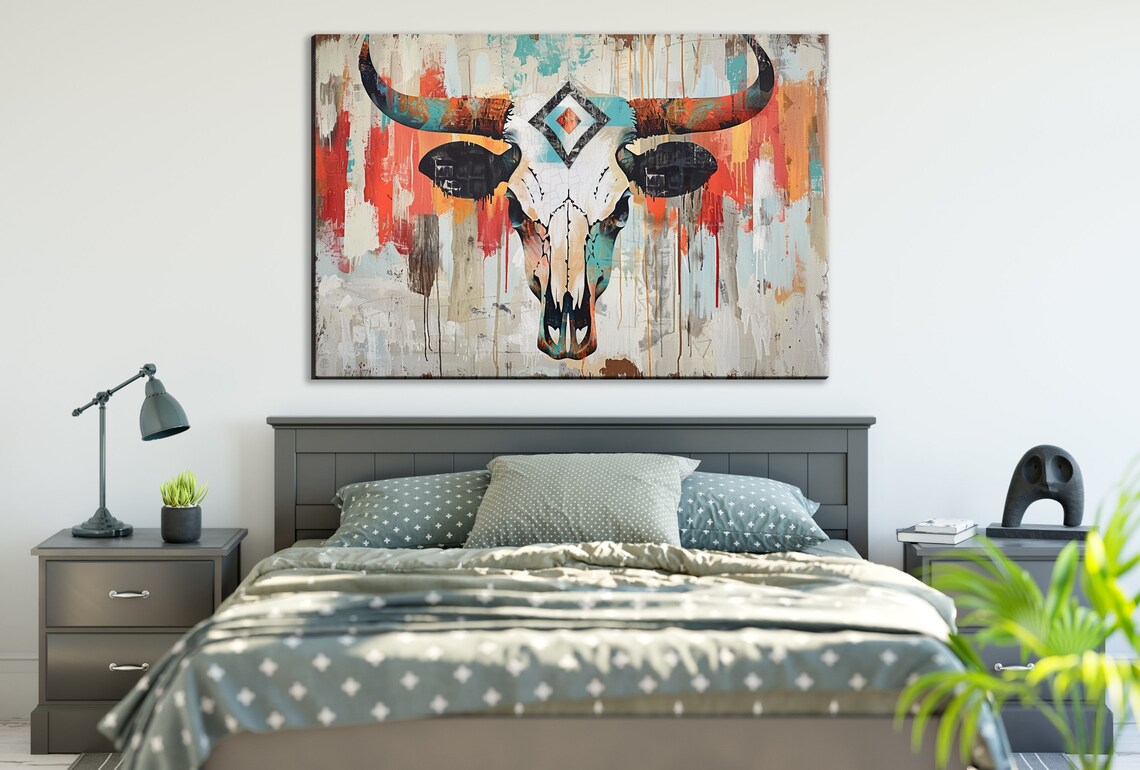 Western Longhorn Cow Skull Turquoise Orange Tribal Paint Drip Poster - Image 2