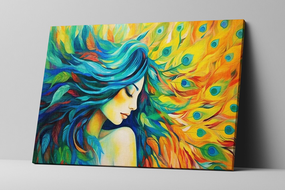Golden Teal Hair Woman Peacock Feathers Dreamy Profile Art Poster - Image 5