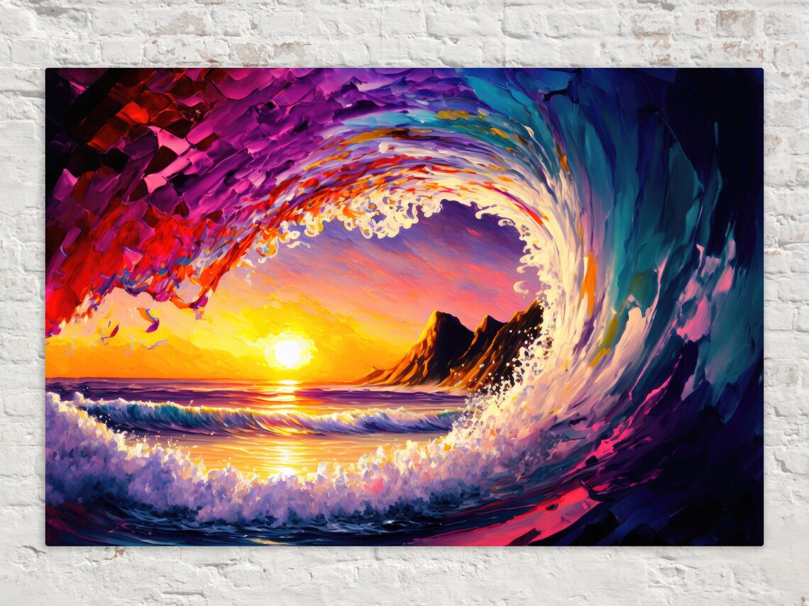 Hawaii Ocean Wave Pipeline Surfer Art Print, Sunset