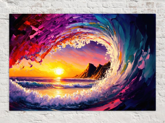 Hawaii Ocean Wave Pipeline Surfer Art Print, Sunset