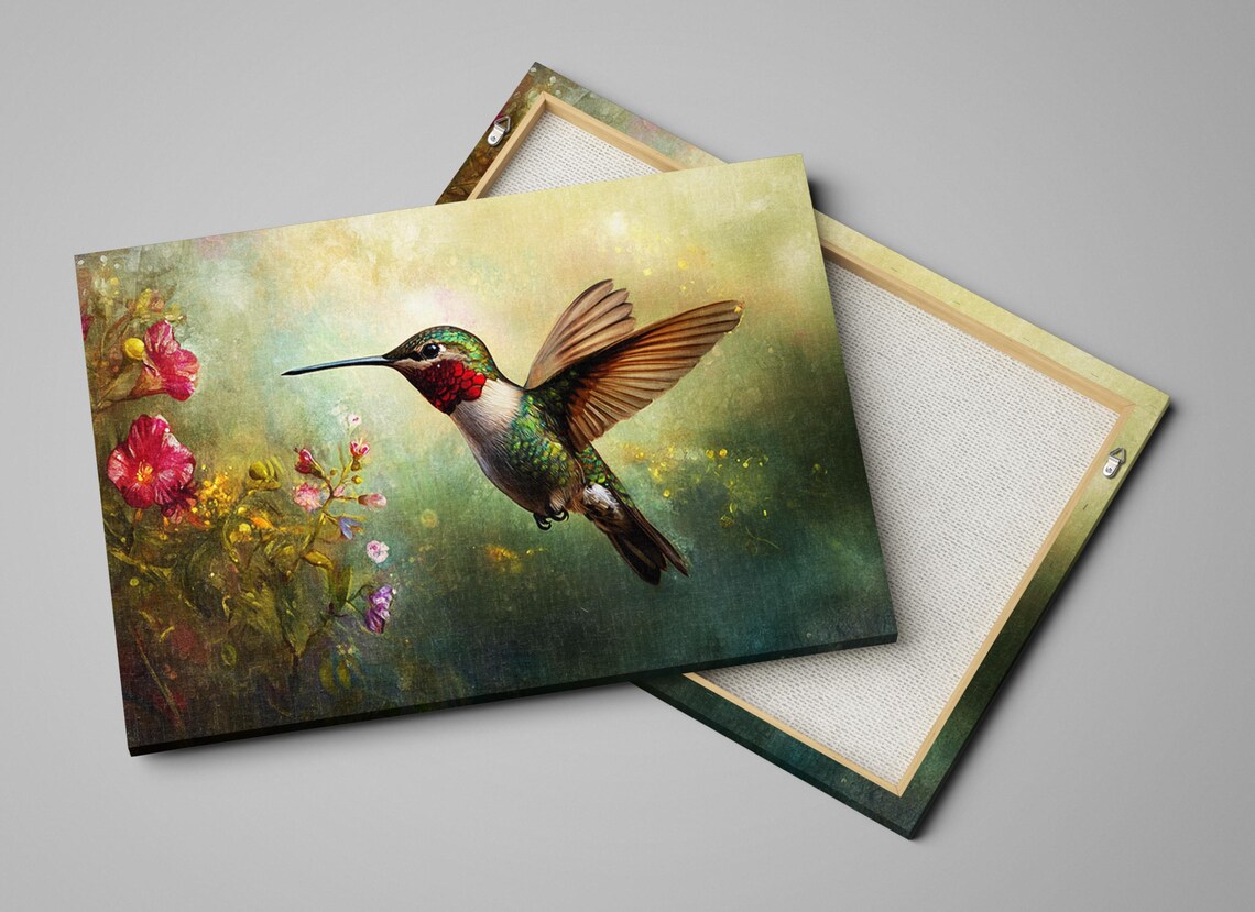 Hummingbird In Flight Oil Painting Style With Pink Flowers Bird Art - Image 2