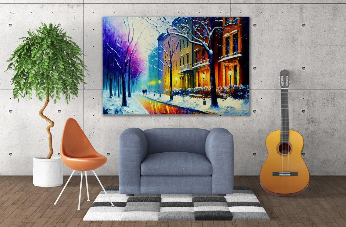Winter Snowy City Street Brownstone Houses Lamp Glow Evening Poster - Image 3