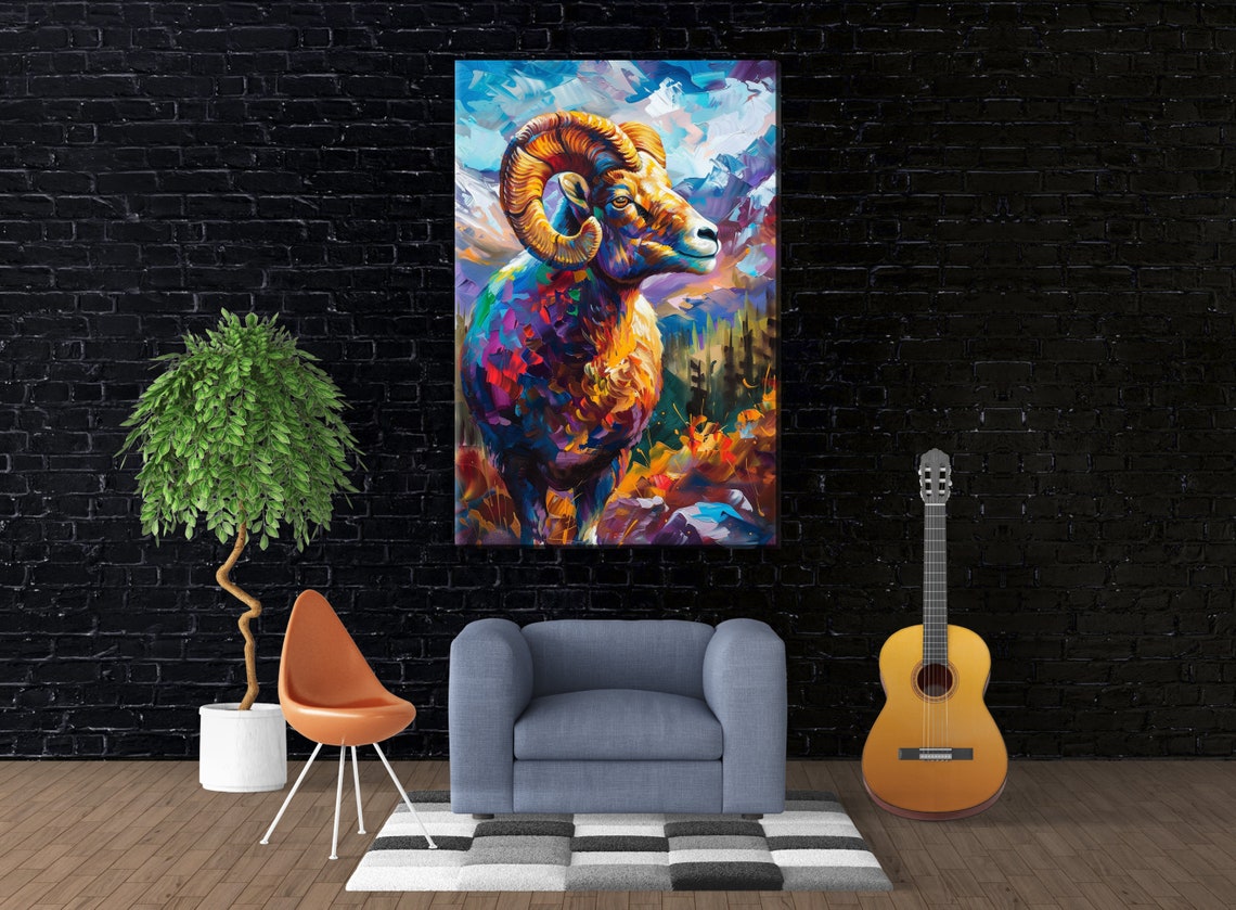 Majestic Ram Portrait Golden Curled Horns Colorful Wildlife Art Poster - Image 3