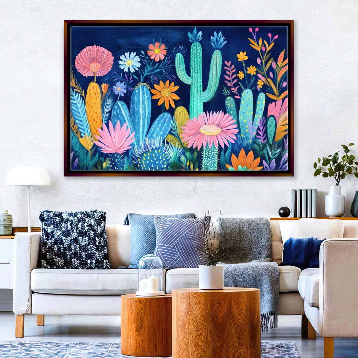 Bright Cacti And Flowers On Navy Blue Folk Pop Art Style Poster Print