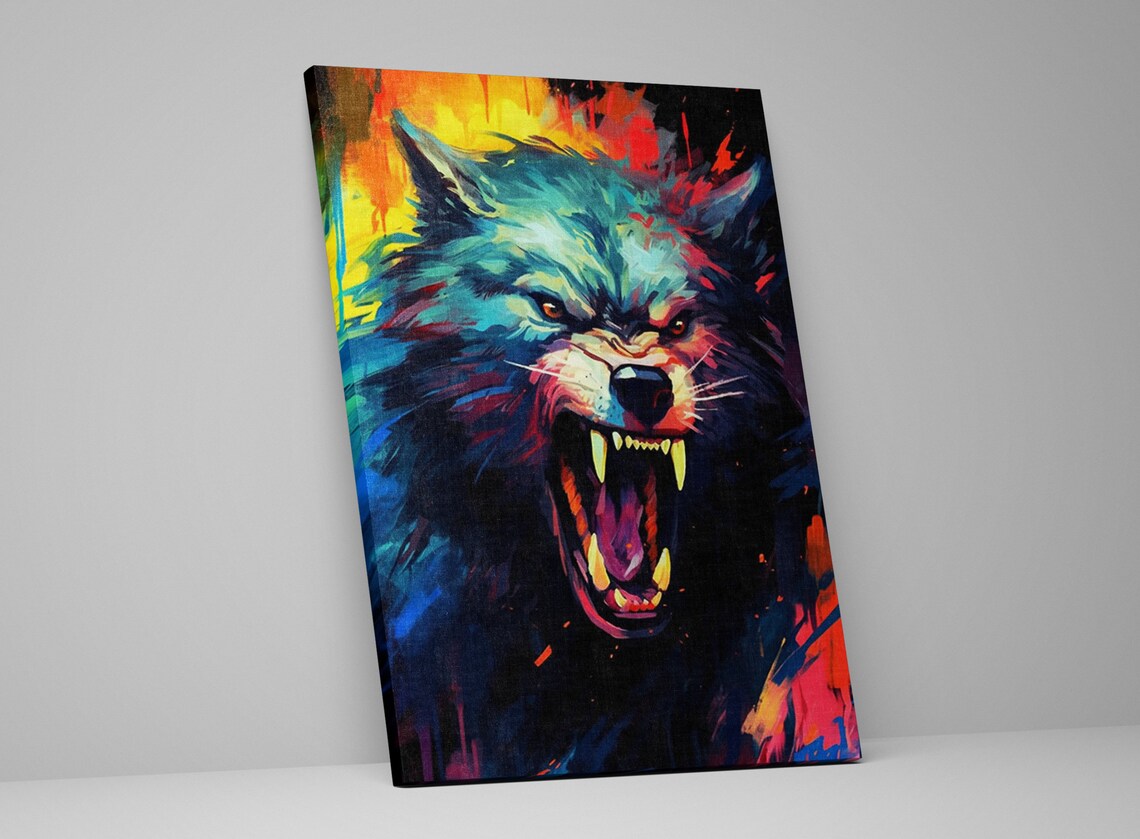 Fierce Blue Werewolf Snarling Fangs Fiery Orange Expressionist Art Print - Image 5