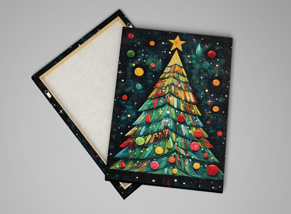 Festive Boho Christmas Tree Colorful Ornaments Starry Night Art Print - Image 5