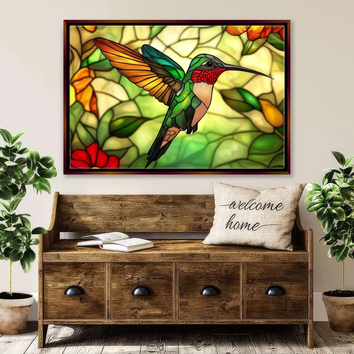 Stained Glass Style Hummingbird Flying Amber Glow Background Bird Art