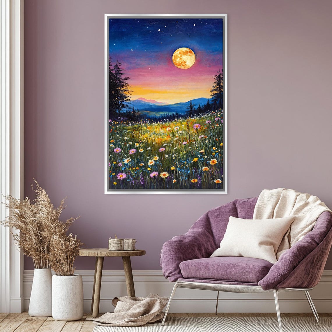 Full Moon Over Wildflower Meadow Starry Night Sky Landscape Poster - Image 5