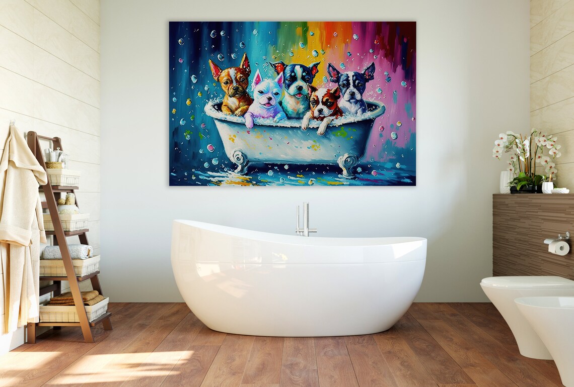 Five Cute Puppies in Bathtub Splash Playful Colorful Puppy Art Poster - Image 3