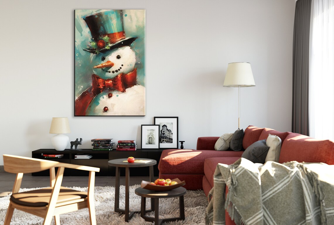 Vintage Frosty Snowman Top Hat Red Bow Tie Classic Christmas Art Print - Image 3