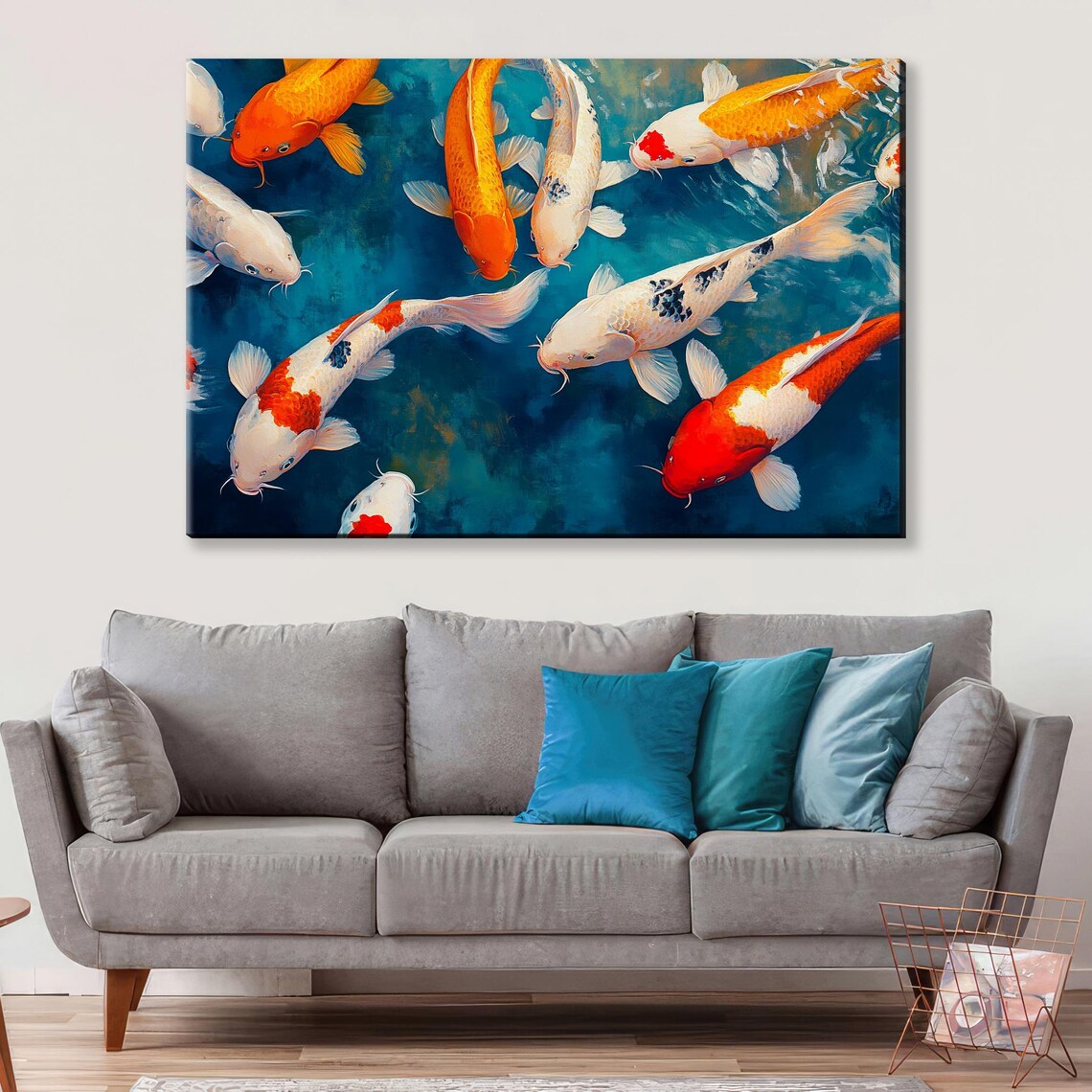 Koi Fish School Turquoise Water Colorful Orange White Art Print - Image 4