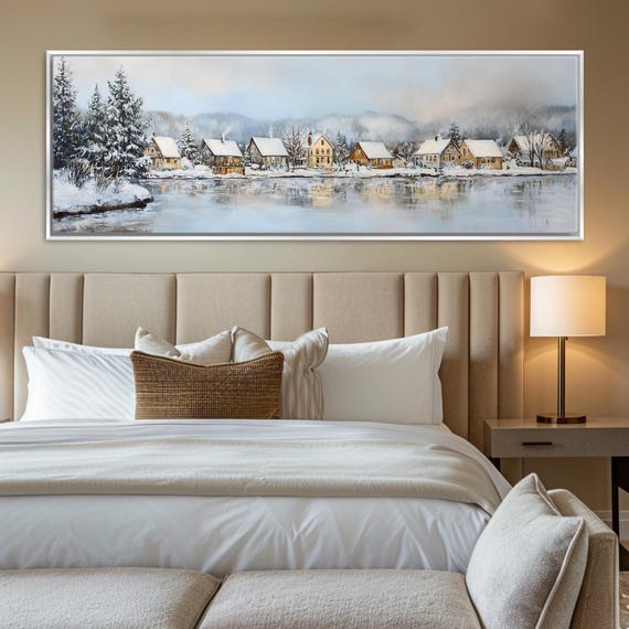Boathouses On A Snowy Lake Panoramic Print Framed Unframed Long Horizontal Gallery Wrapped Ready To Hang Extra Large Wall Art