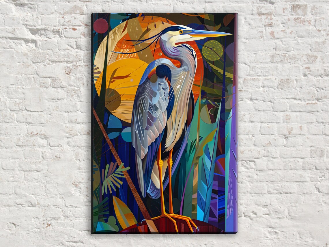 Blue Heron Moonlit Night, Art Deco Poster Print