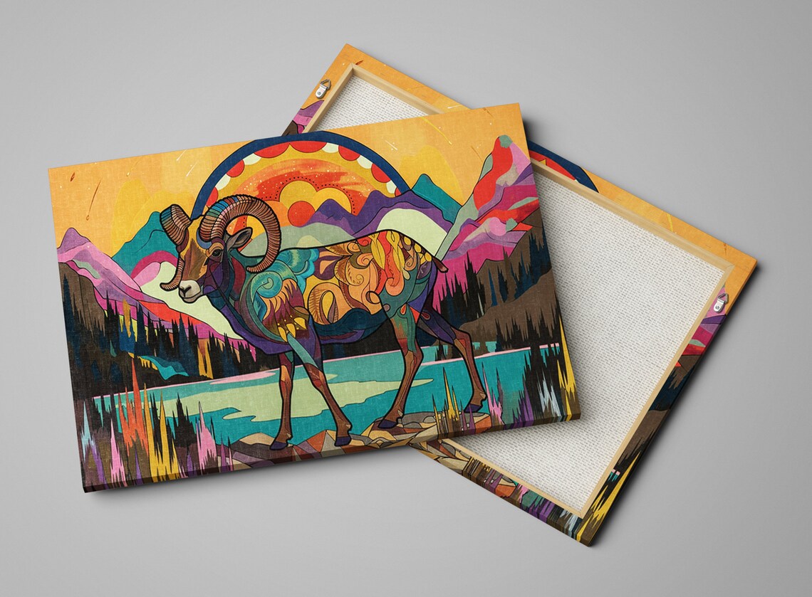 Colorful Bighorn Sheep Mountain Lake Psychedelic Collage Art Poster - Image 4