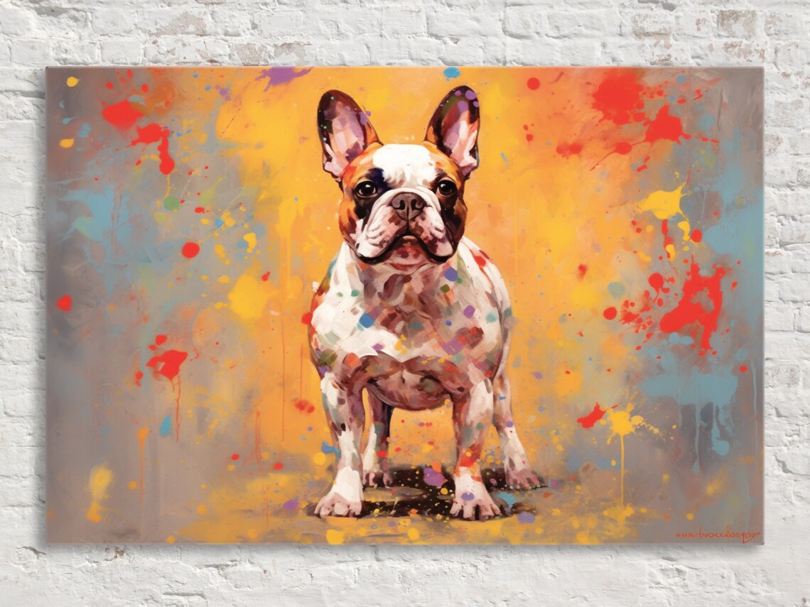 Pied French Bulldog Colorful Paint Splash Modern Dog Art Wall Poster