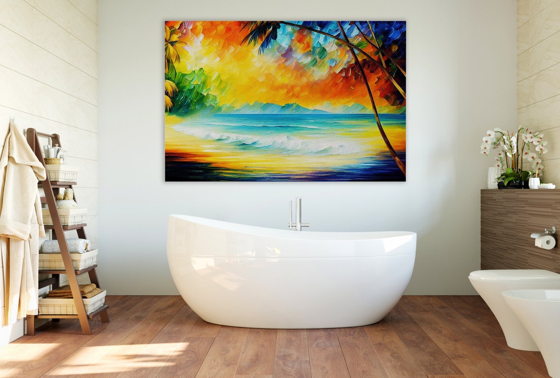 Tropical Beach Sunset Waves Framed by Palm Leaves Island View Poster - Image 2